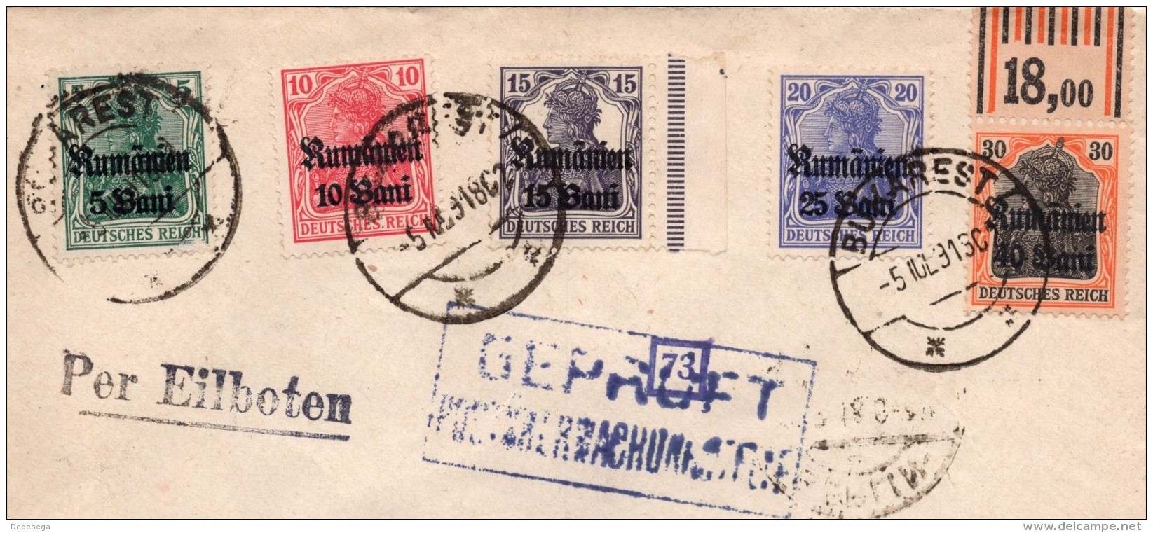 ROMANIA - German Occupation, Censored Expres Cover (Mi.Nr.8-12 Set) Bukarest - Berlin 5.7.1918 - Occupation 1914-18