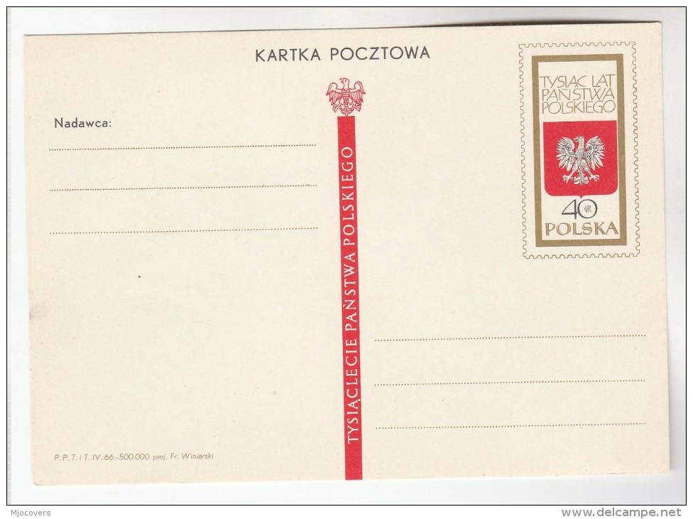 1966 POLAND Postal STATIONERY Card  1000 YEARS OF POLISH STATE, HERALDIC BIRD, Cover Stamps - Entiers Postaux