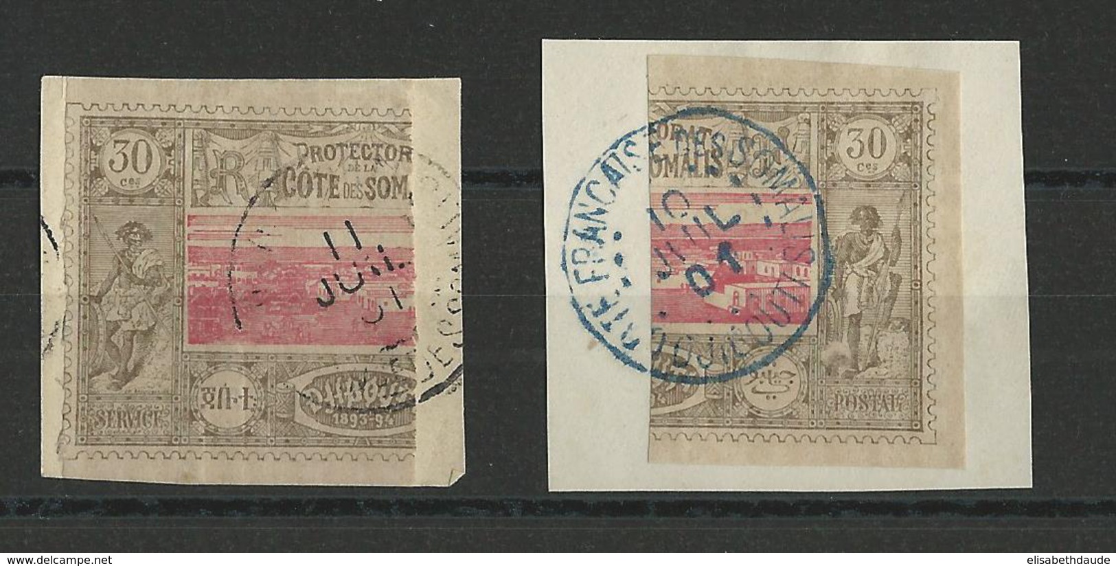 COTE DES SOMALIS - YVERT N°13a - 1/2 TIMBRE PARTIE DROITE + GAUCHE OBLITERES SUR FRAGMENT - COTE = 200 EURO - - Usati