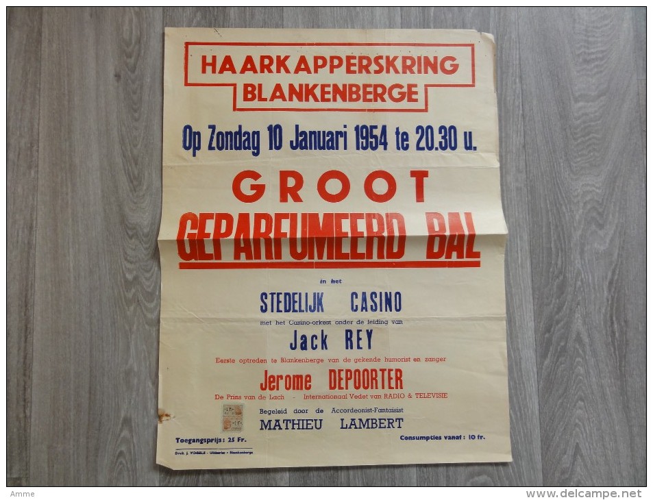 Blankenberge  *  (Affiche) Stedelijk Casino -  Haarkapperskring - Geparfumeerd Bal (10 Januari 1954) - Manifesti