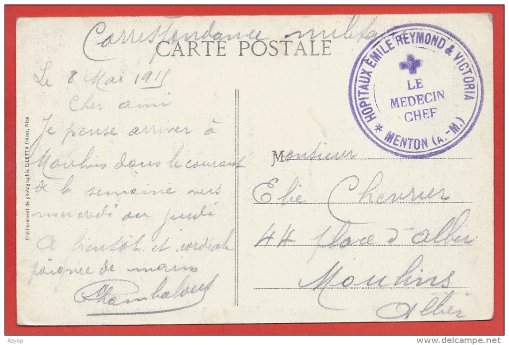 Sur CP MENTON - Cachet " Hopitaux Emile REYMOND & Victoria - 1915 - 3 Scans - Hopital Militaire - 1. Weltkrieg 1914-1918