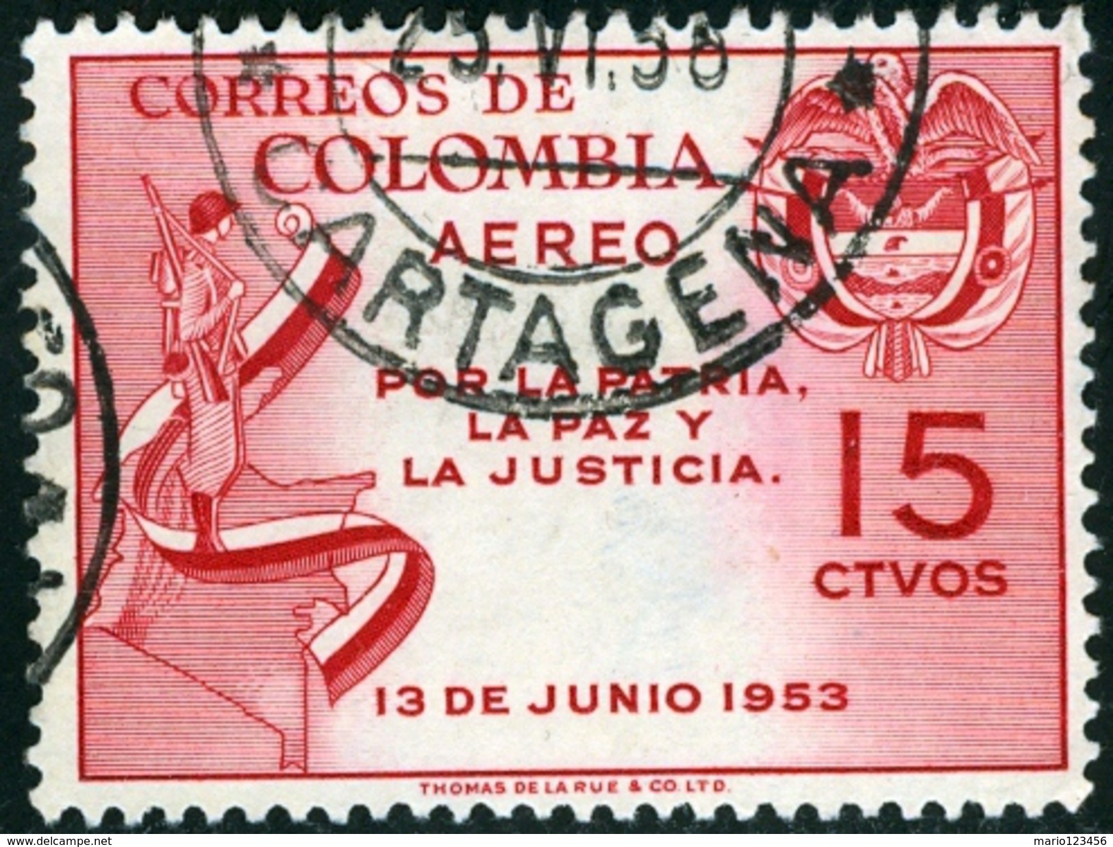 COLOMBIA, 1954, POSTA AEREA, AIRMAIL, COMMEMORATIVO, GUSTAVO ROJAS PINILLA, FRANCOBOLLO USATO, Scott C255 - Colombia