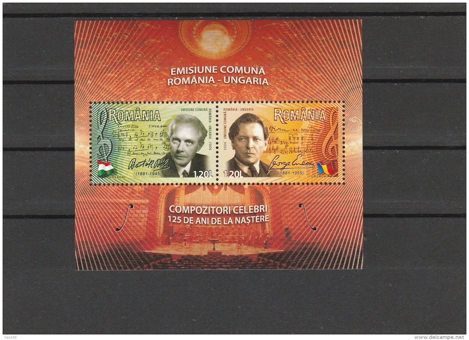 #202  COMPOSERS, MUSIC, BARTOK BELA, GEORGE ENESCU, 2006, Mi6084/85, MNH**, BLOCK, ROMANIA. - Blocs-feuillets