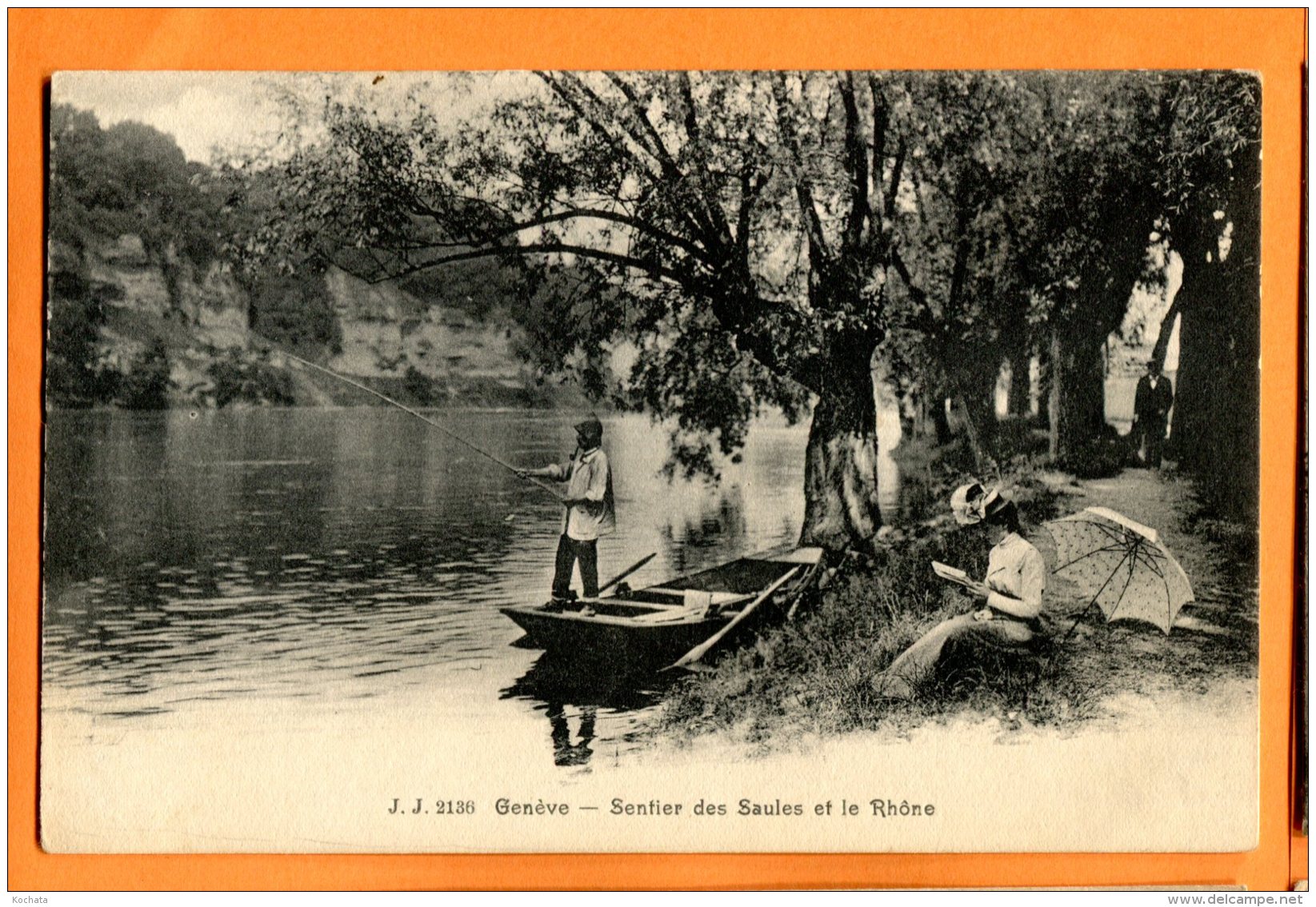 GGE405, Genève, Sentier Des Saules Et Le Rhône, Barque , Pêcheur, Ombrelle, Animée, J. J. 2136, Circulée 1920 - Genève