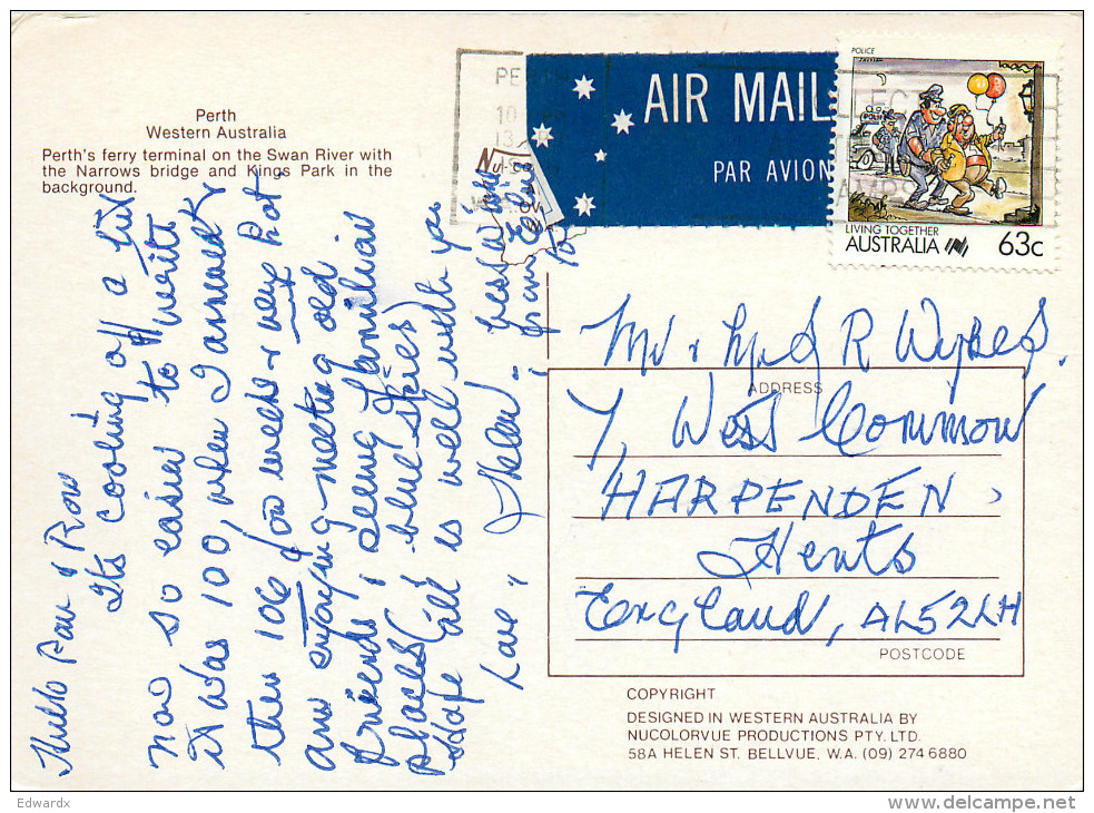 Ferry Terminal, Perth, Western Australia, Australia Postcard Posted 1988 Stamp - Perth