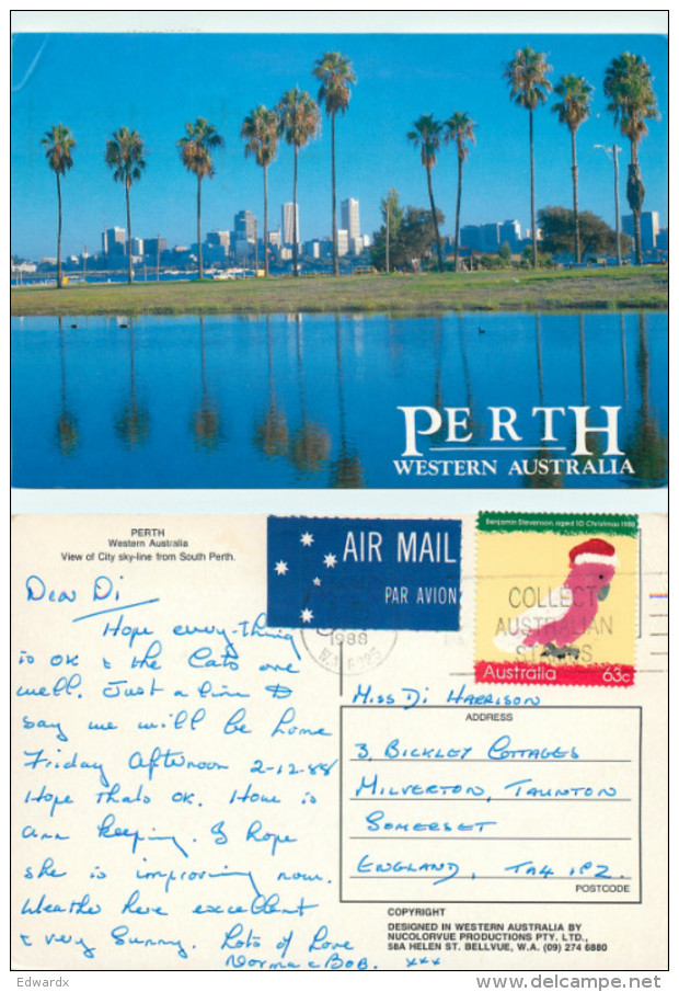 Perth, Western Australia, Australia Postcard Posted 1988 Stamp - Perth