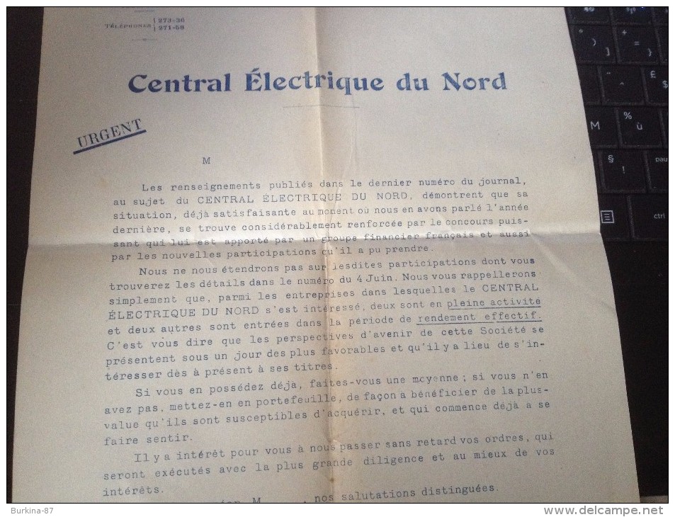 CENTRALE ELECTRIQUE DU NORD,  Lettre Et Bulletin D'achat, 1910, - Elektrizität & Gas