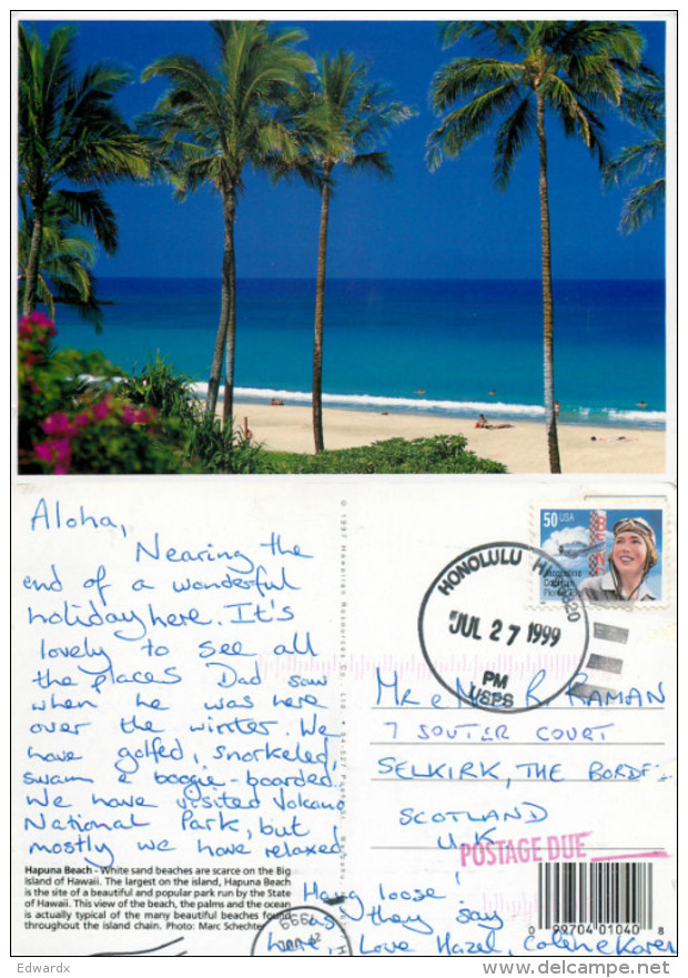 Hapuna Beach, Big Island, Hawaii, United States US Postcard Posted 1999 Stamp - Big Island Of Hawaii