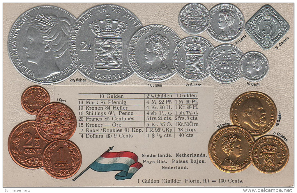 Litho Münzkarte AK Niederlande Nederland Netherlands Pays Bas Gulden Guilder Florin 1868 König Nationalflagge Coin Pièce - Munten (afbeeldingen)