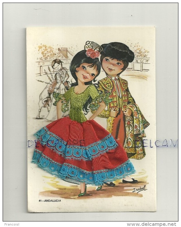 Carte Brodée Couple Andalou, Matador . Signée Isabel. 41 Andalucia - Brodées