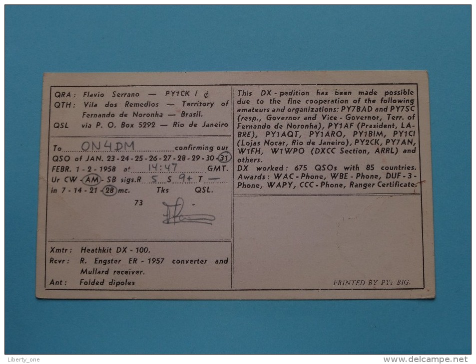 BRASIL ( PY1CK/O ) CB Radio - Fernando De Noronha I. - 1958 ( Zie Foto Voor Details ) - Radio Amateur