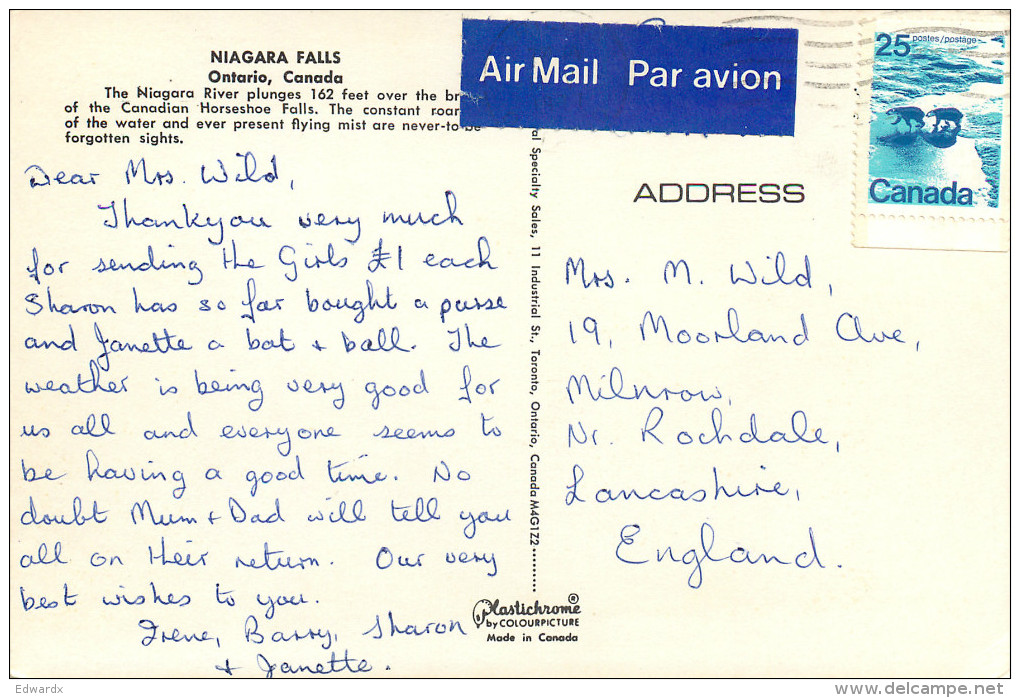 Niagara Falls, Ontario, Canada Postcard Posted 1977 Stamp - Chutes Du Niagara