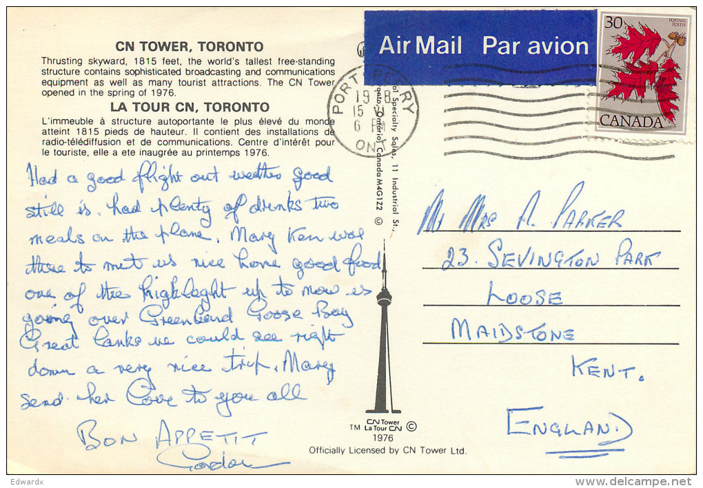 CN Tower, Toronto, Ontario, Canada Postcard Posted 1978 Stamp - Toronto