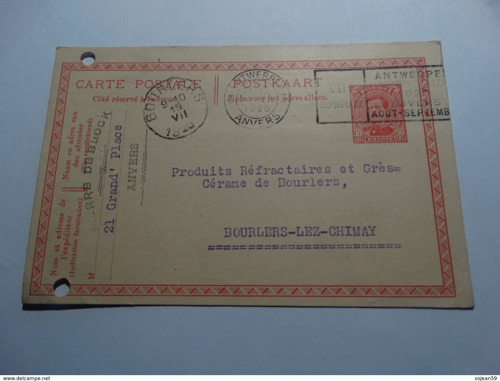 Flamme VII Olympiade 1920 Sur Entier Postal 10 Centimes Obl Mécanique Vers Bourlers 15/07/1920 - Verano 1920: Amberes (Anvers)