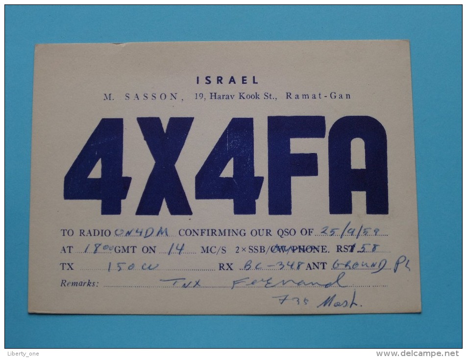 ISRAEL M. Sasson ( 4X4FA ) Ramat-Gan - CB Radio - 1959 ( Zie Foto Voor Details ) - Radio Amateur