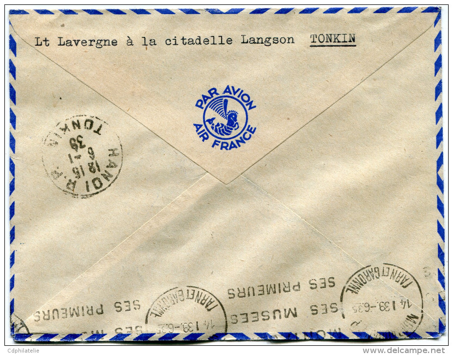 INDOCHINE LETTRE PAR AVION DEPART LANG - SON 6-1-39 POUR LA FRANCE - Storia Postale