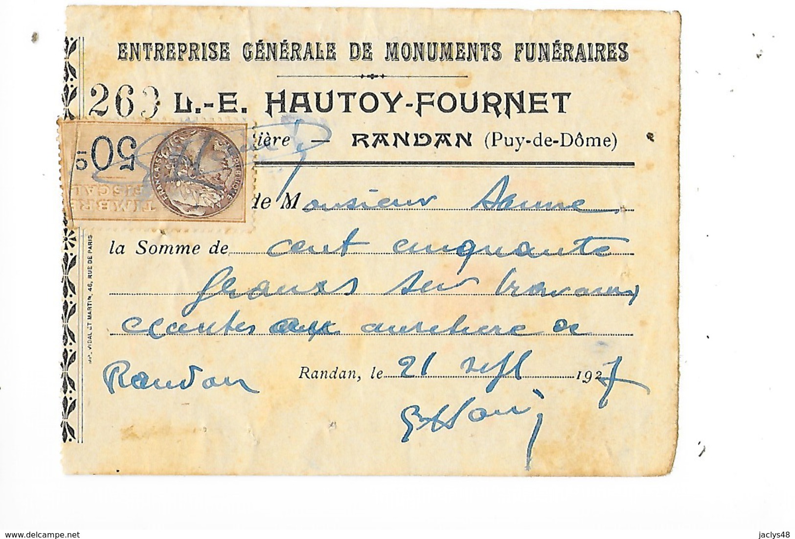 RANDAN (63)  Reçu De L.E. HAUTOY-FOURNET Monuments Funéraires 21/09/1927  -     -   L 1 - 1900 – 1949