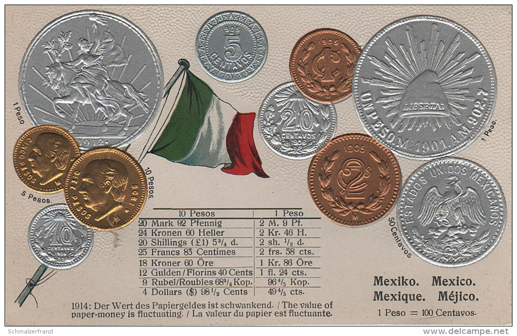 Litho Münzkarte AK Mexiko Mexico Mexique Méjico Centavos Pesos Nationalflagge Coin Pièce Moneda America Del Sur Bandera - Mexiko