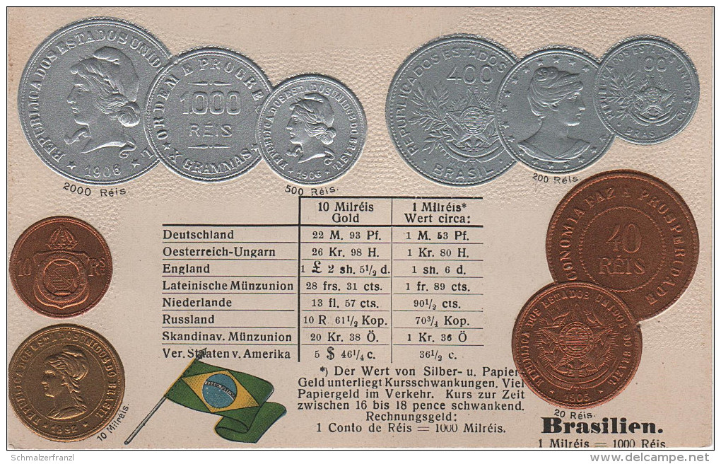 Litho Münzkarte AK Brasilien Brasil Brésil Brazil Milréis Réis Nationalflagge Coin Pièce Moneda America Del Sur Bandera - Otros