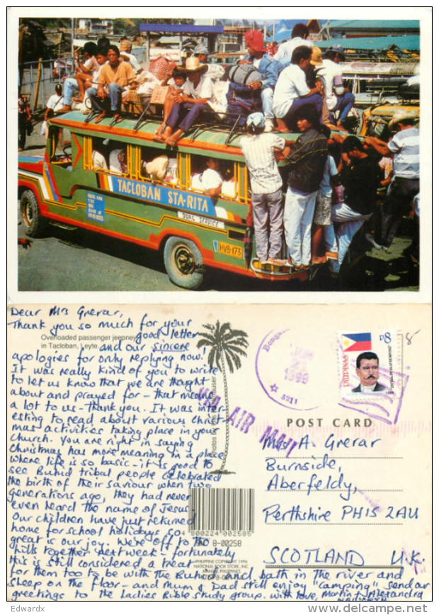 Overloaded Jeepney, Tacloban, Leyte, Philippines Postcard Posted 1999 Stamp - Filippine