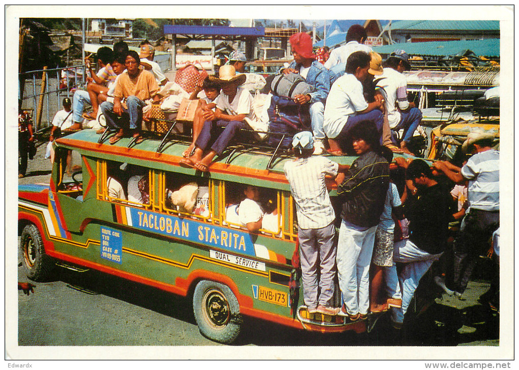 Overloaded Jeepney, Tacloban, Leyte, Philippines Postcard Posted 1999 Stamp - Filippine