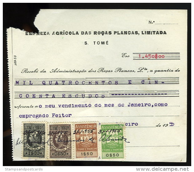 Portugal Sao Tome Et Principe Timbre Fiscal 1955 Reçu Plantation Cacao Et Café Receipt W/ Revenue Stamp Cocoa And Coffee - Lettres & Documents