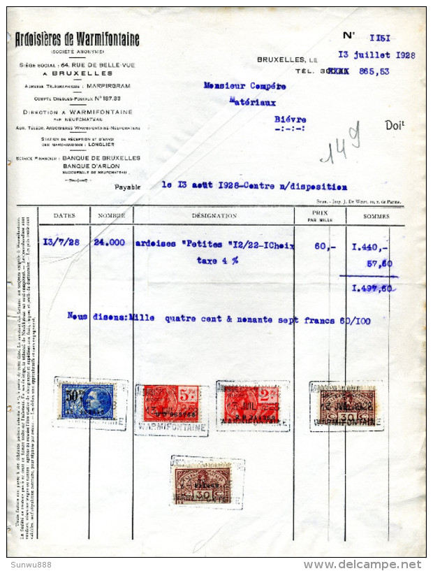 Ardoisières De Warmifontaine (1928, 24000 Ardoises, Timbres Taxe) - 1900 – 1949