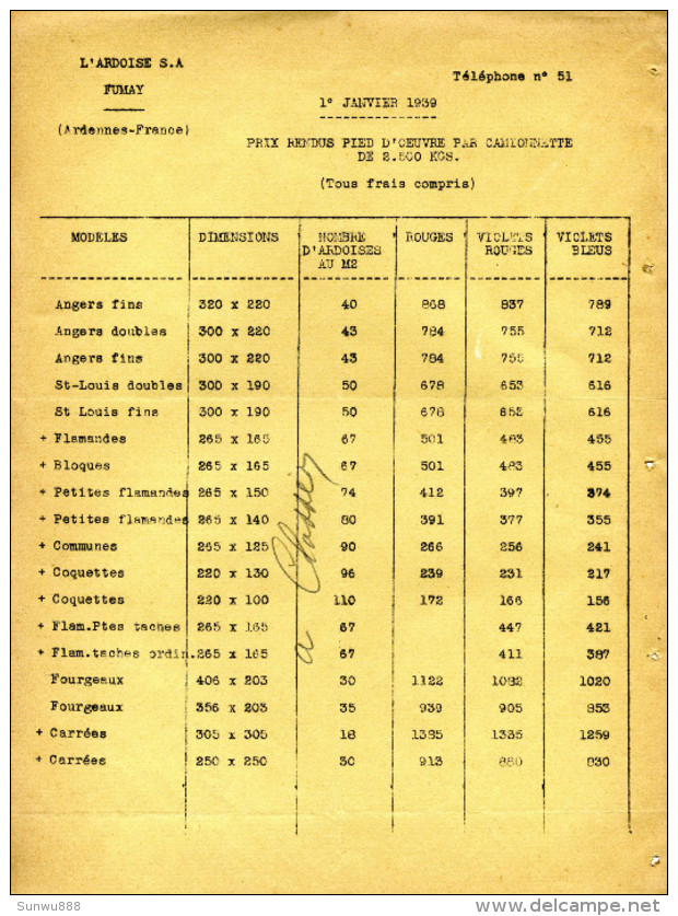 L'Ardoisière SA Fumay (Liste Des Prix 1939) - 1900 – 1949
