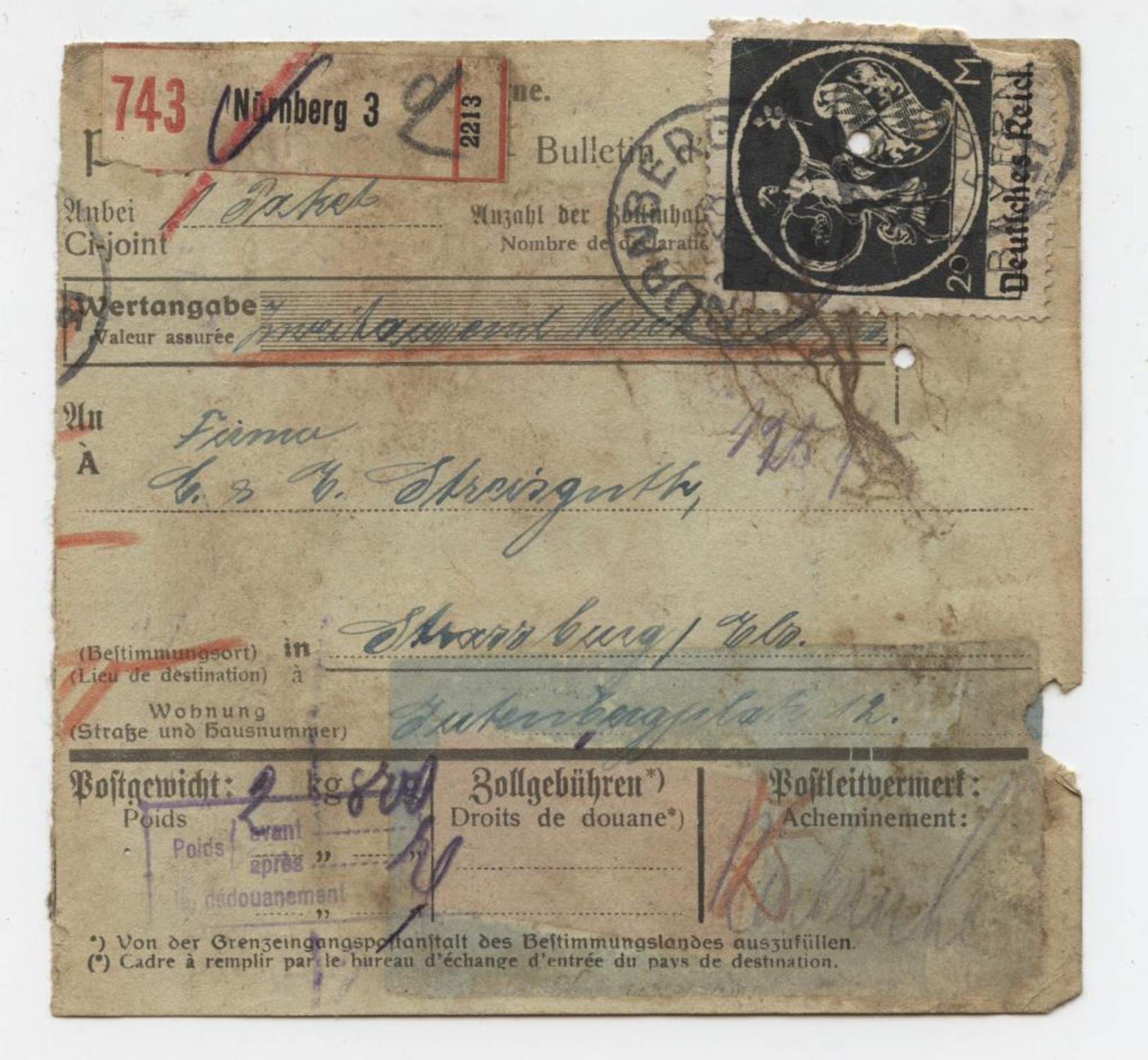 Nürnberg 3  Bulletin D'expédition Paketkarte Valeur Déclarée Pour Strasbourg  Avec Dédouanement - Lettres & Documents