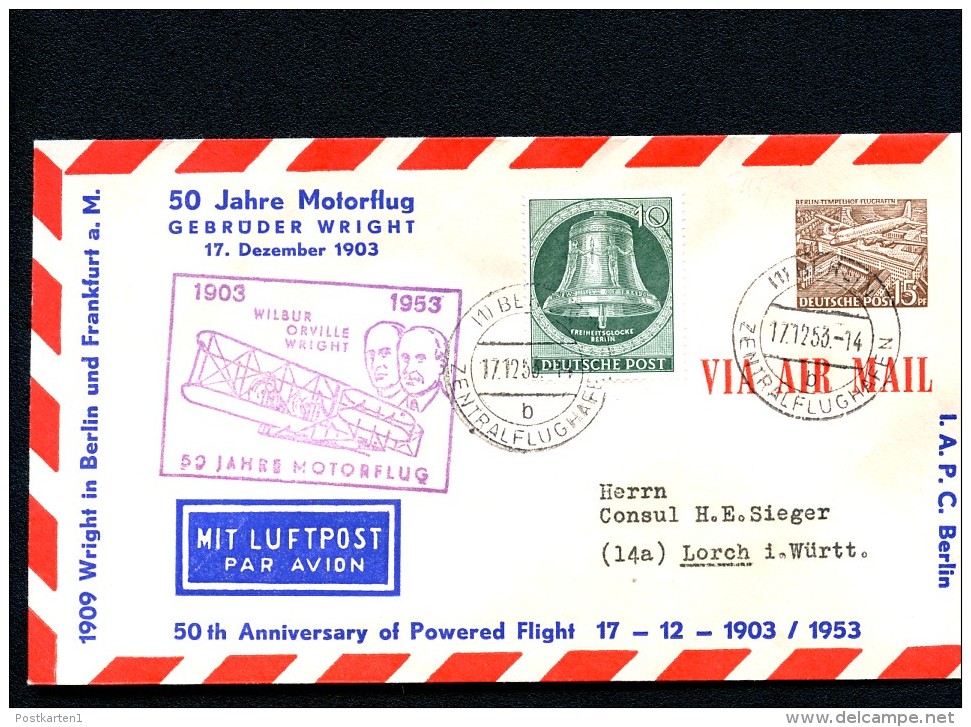 BERLIN PU5 D2/001 Privat-Umschlag MOTORFLUG WRIGHT 1951  NGK 40,00 € - Sobres Privados - Usados