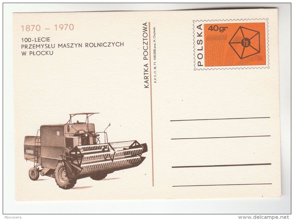 1971 POLAND Postal STATIONERY CARD Illus 100th ANNIV Of AGRICULTURAL MACHINERY In PLOCK Cover Agriculture Farming Stamps - Agriculture