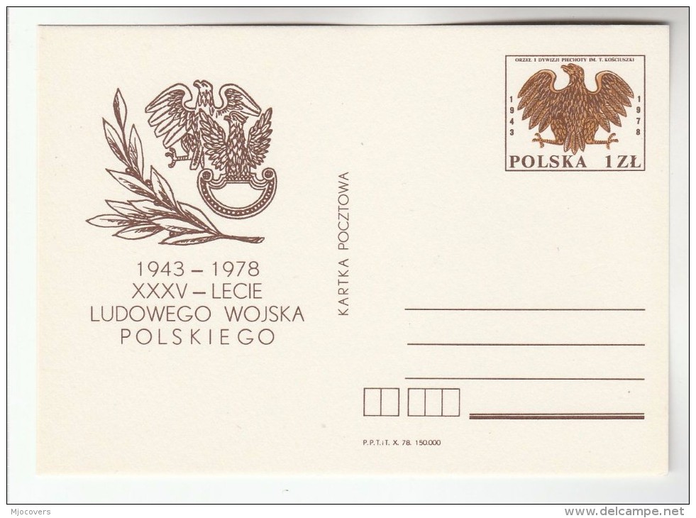 1978 POLAND Postal STATIONERY CARD Illus 1943 -1978 POLISH PEOPLES ARMY 25th  Anniv  Cover Stamps Bird  Wwii - WW2