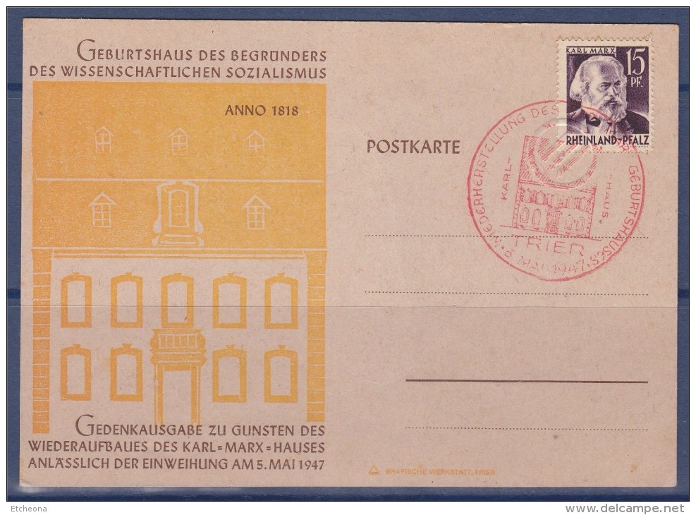 Carte  Postkarte Avec 1 Timbre Allemagne Etat Rhéno Palatin N°5 Portrait De Karl Marx, Oblitération 5 Mai 1947 - Sonstige & Ohne Zuordnung