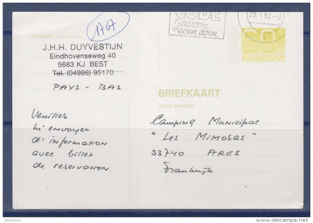 = Carte Entier Postal De Pays Bas à Ares France 20.1.92 - Ganzsachen