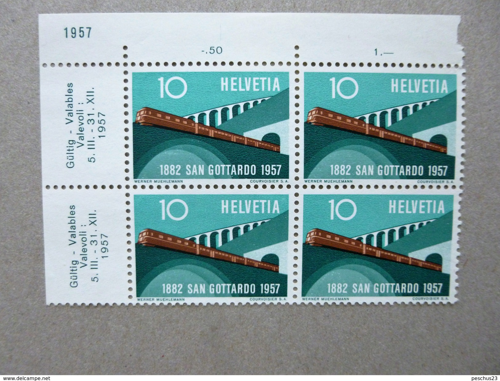 SUISSE / SCHWEIZ / SVIZZERA / SWITZERLAND // 1957, 10Rp. Sondermarke "GOTTHARD BAHN", ** (MNH), 4er Block, Mit Bogenecke - Ungebraucht