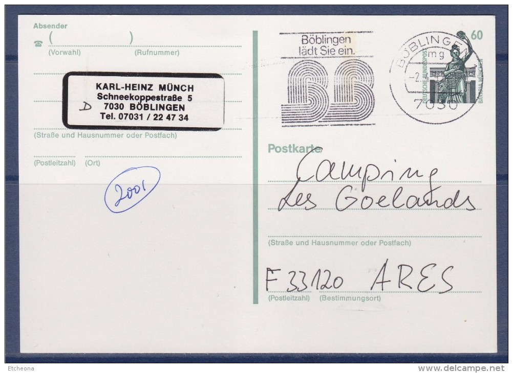 = Carte Entier Postal Allemagne à Ares France Oblitérée  Böblingen 2.4.92 - Cartes Postales - Oblitérées