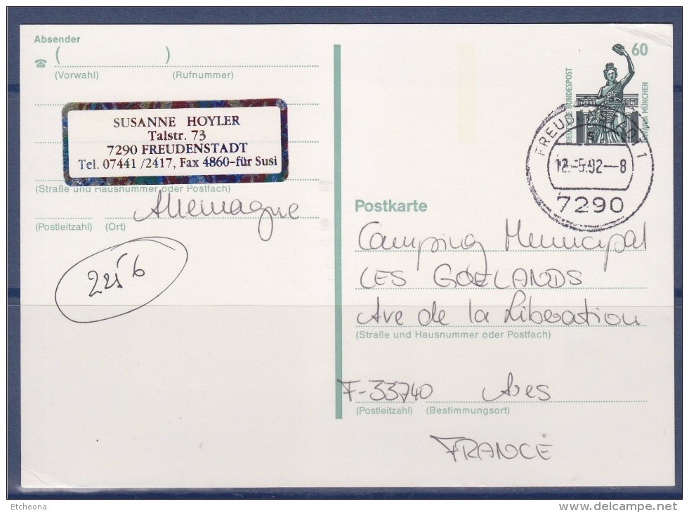 = Carte Entier Postal Allemagne à Ares France Oblitérée  Freudenstadt 12.5.92 - Postcards - Used