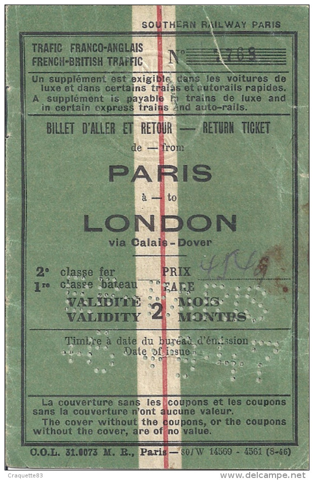 BILLET D'ALLER RETOUR PARIS -LONDRES  N°7769  1947 - Europa