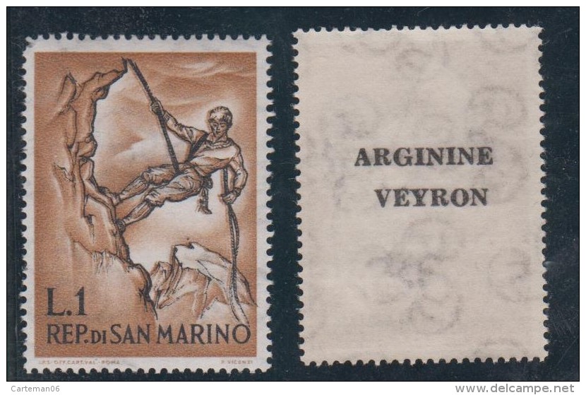 San Marino - N°552 - Publicité Au Verso Arginine Veyron - Alpiniste, Alpinisme - Abarten Und Kuriositäten