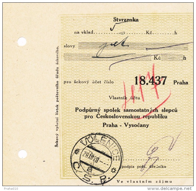 K9486 - Czechoslovakia (1928) Volenice (postal Money Order - 5 Kc); Account Owner: Supportive Association For The Blind - Behinderungen