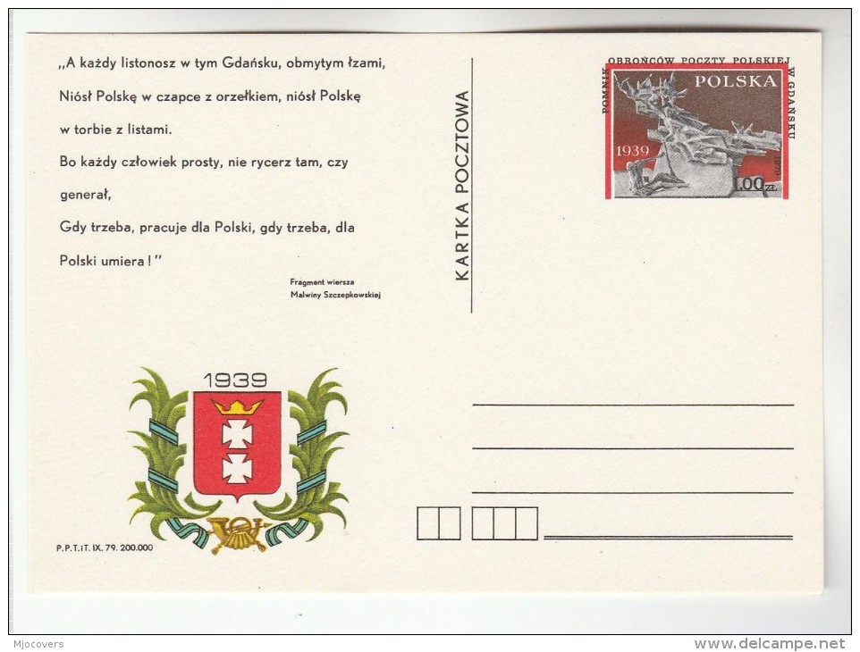 1979 POLAND Postal STATIONERY CARD Illus1939 POLISH POST DEFENDERS MONUMENT GDANSK Wwii Cover Stamps - WW2