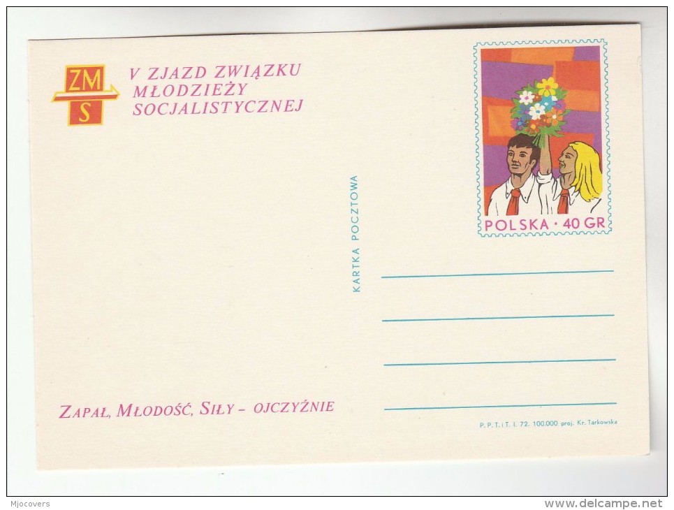 1972 POLAND Postal STATIONERY CARD Illus ZMS SOCIAST YOUTH UNION , YOUTHS WITH FLOWERS Cover Stamps - Stamped Stationery