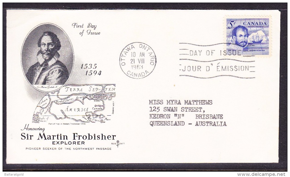 Canada 1963 Sir Martin Frobisher "Rosecraft" First Day Cover - Addressed To Australia - 1961-1970