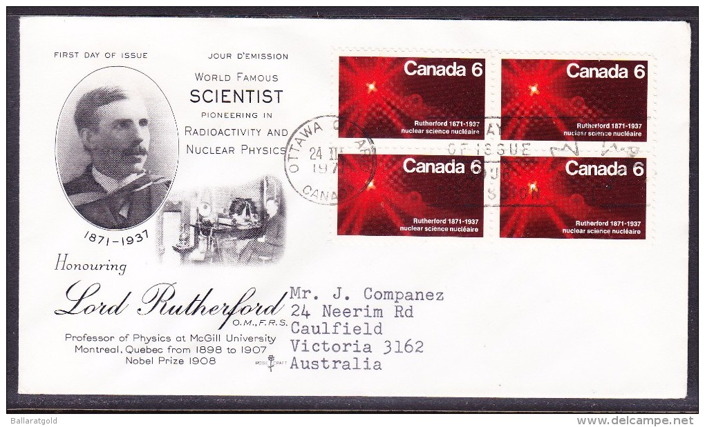 Canada 1971 Lord Rutherford (Block 4)  "Rosecraft" First Day Cover - Addressed To Australia - 1971-1980