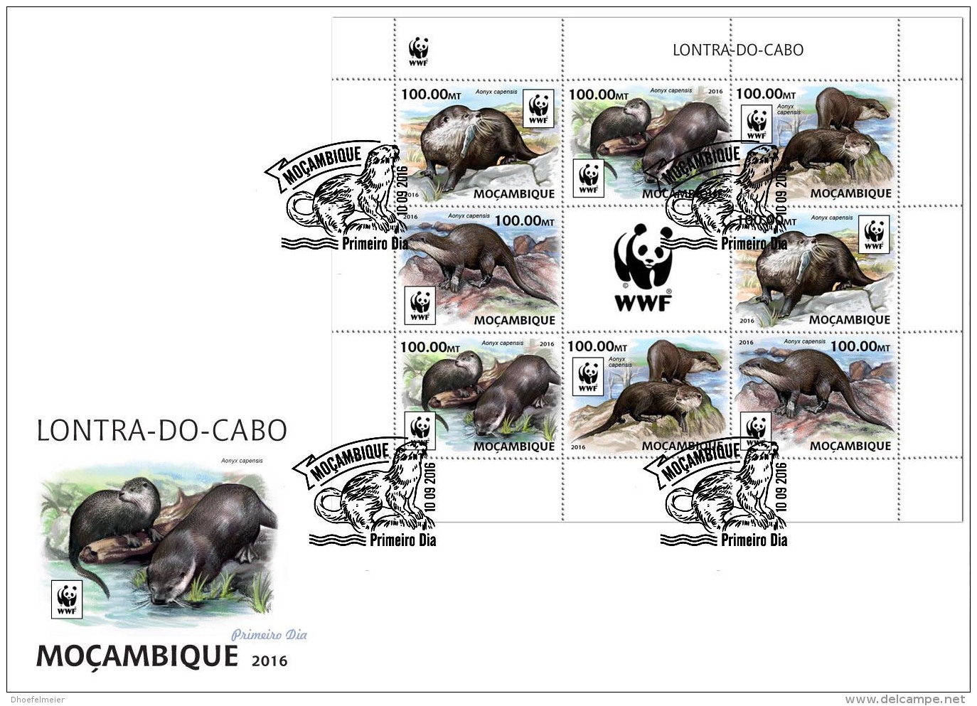 MOZAMBIQUE 2016 FDC WWF African Clawless Otter Kapotter M/S 8v - OFFICIAL ISSUE - A1641 - Gebruikt