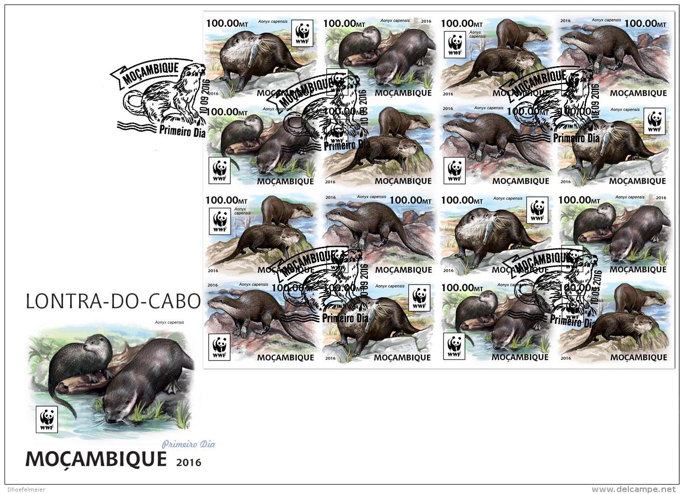 MOZAMBIQUE 2016 FDC WWF African Clawless Otter Kapotter M/S 16 - IMPERFORATED - A1641 - Gebruikt