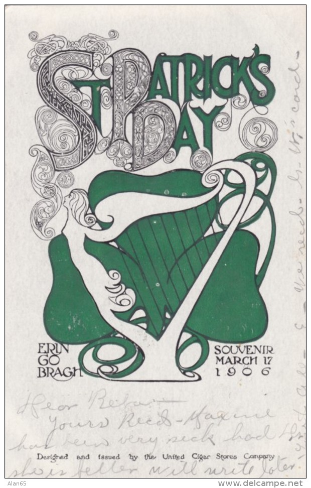 St Patricks Day Erin Go Bragh Harp 1906 Year Date, C1900s Vintage Postcard RFD Cancel Postmark Martinez CA - Saint-Patrick's Day