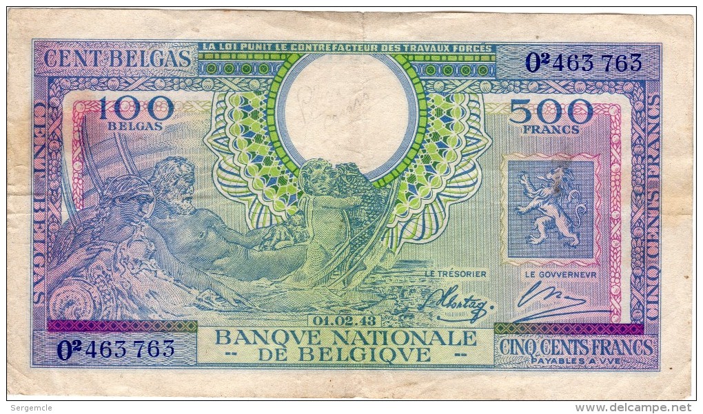 RARE 100 Belgas 500 Francs  Type LONDRE Du 01.02.1943 - 500 Francs-100 Belgas