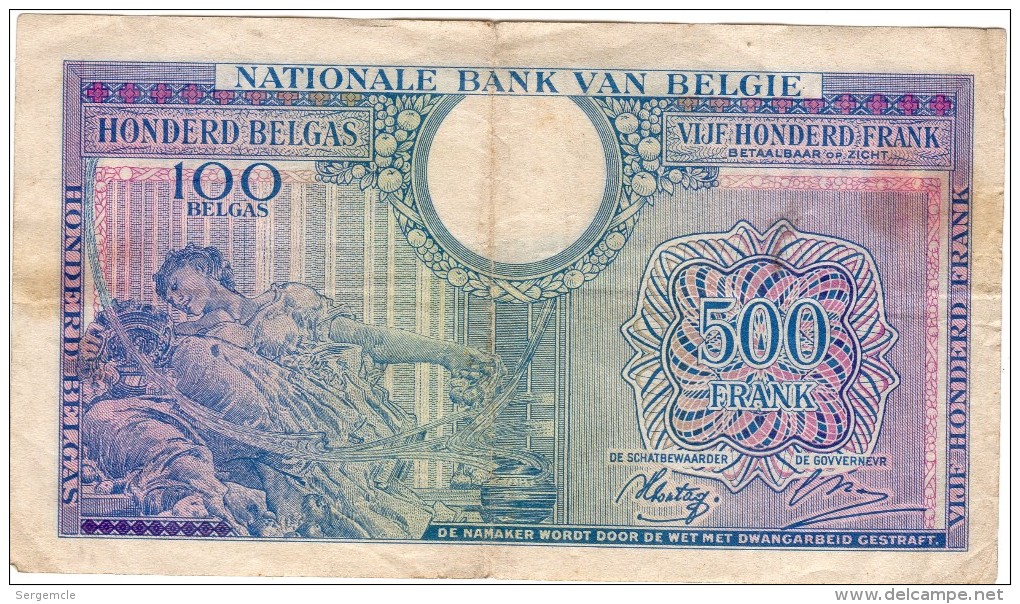 RARE 100 Belgas 500 Francs  Type LONDRE Du 01.02.1943 - 500 Francs-100 Belgas