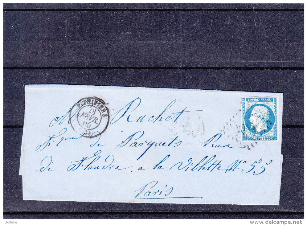 France - Lettre De 1860 - Oblitération Pithiviers - Exp Vers Paris - Cachet La Vilette - Cachet Limoges à Paris - 1853-1860 Napoléon III.